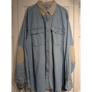 Wrangler Rugged Wear Shirt Men 2XLT Blue Denim Button Up Canvas Elbow Patch Work
